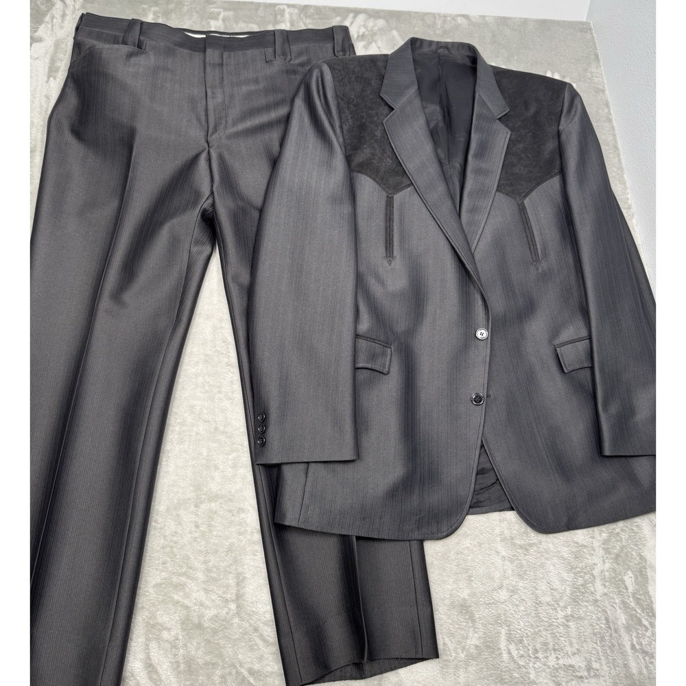 80s Circle S Suit Set Mens 48L Blazer Jacket 38 Pants Black Western Yoke Vintage